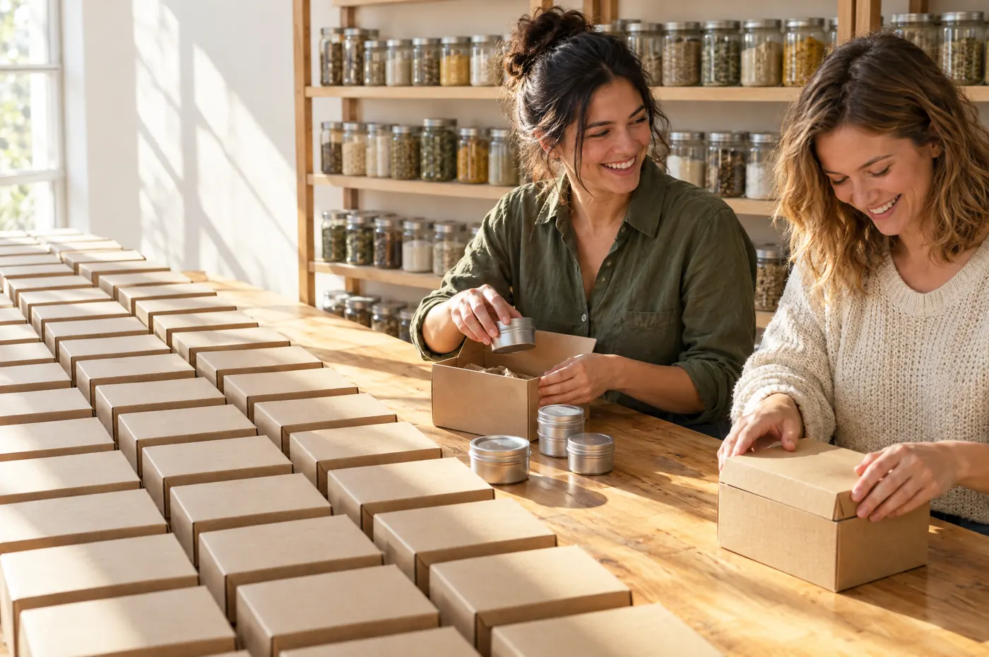 Two women assembling rows of subscription boxes at a long table.