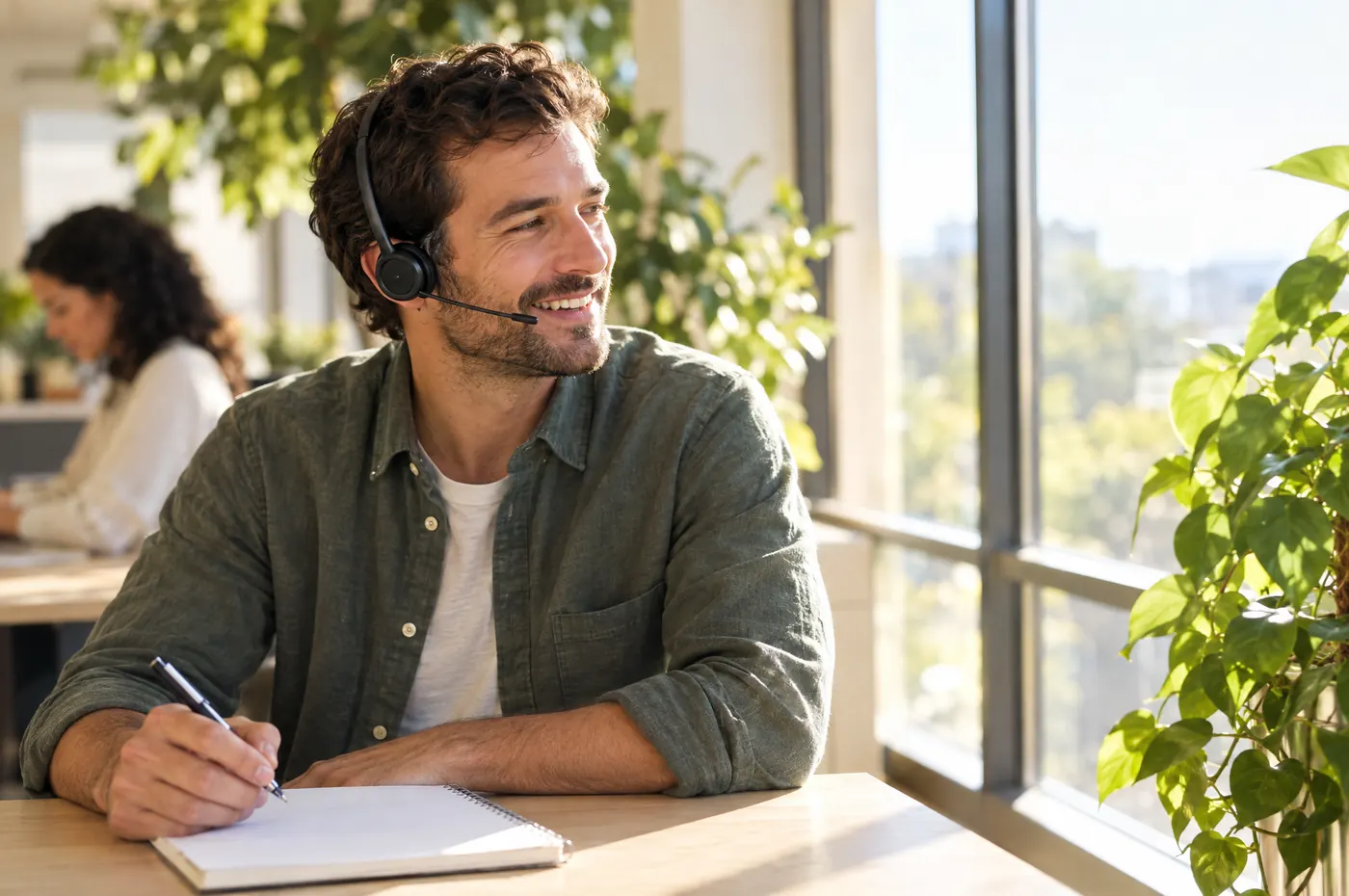 A man wearing a headset on a call at a bright desk, taking notes.