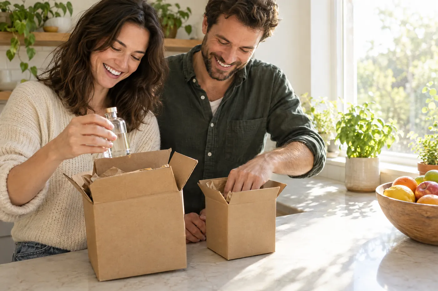 A couple at a kitchen counter opening a parcel together.