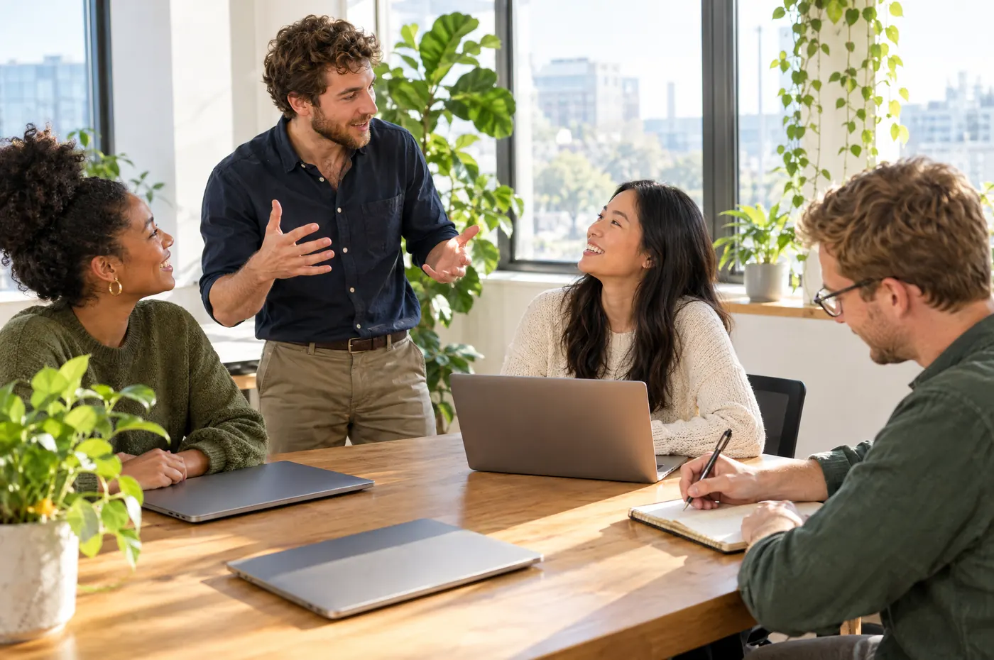 A team of four talking around a shared desk in a bright office.