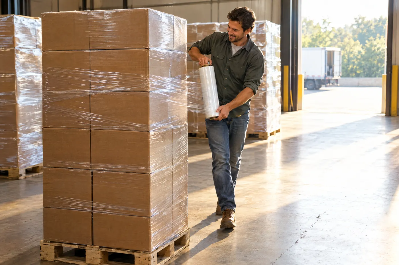 A man stretch-wrapping a pallet of boxes in a sunlit warehouse.