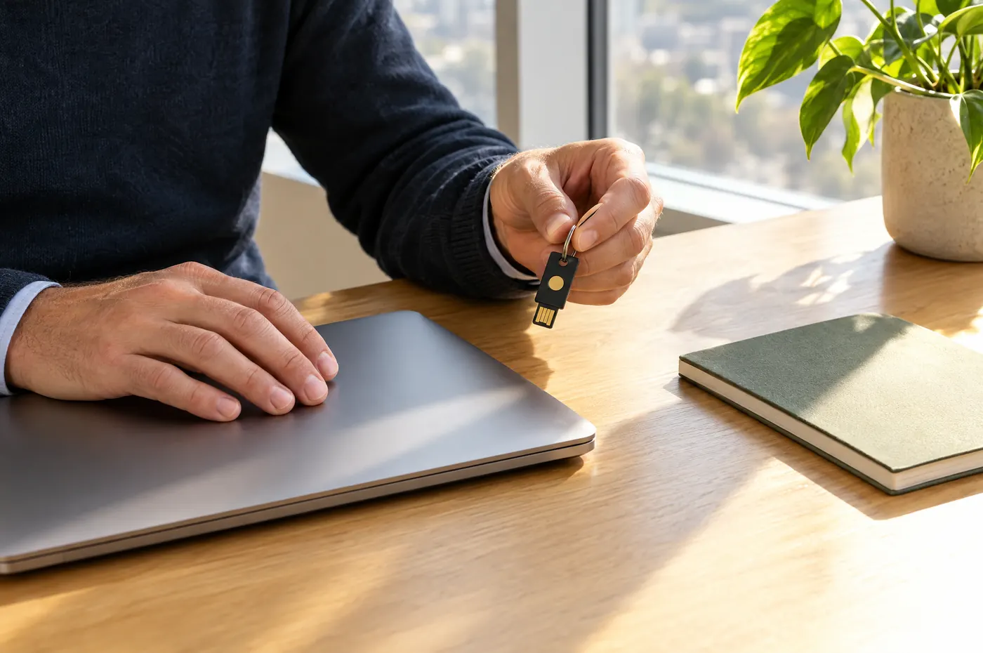 Hands at a desk holding a hardware security key beside a closed laptop.