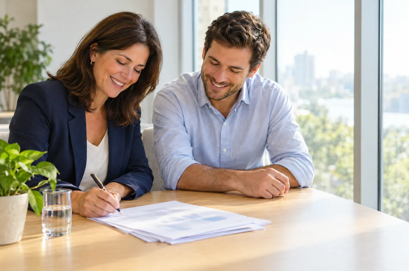 Two people reviewing and signing documents at a table by a window.